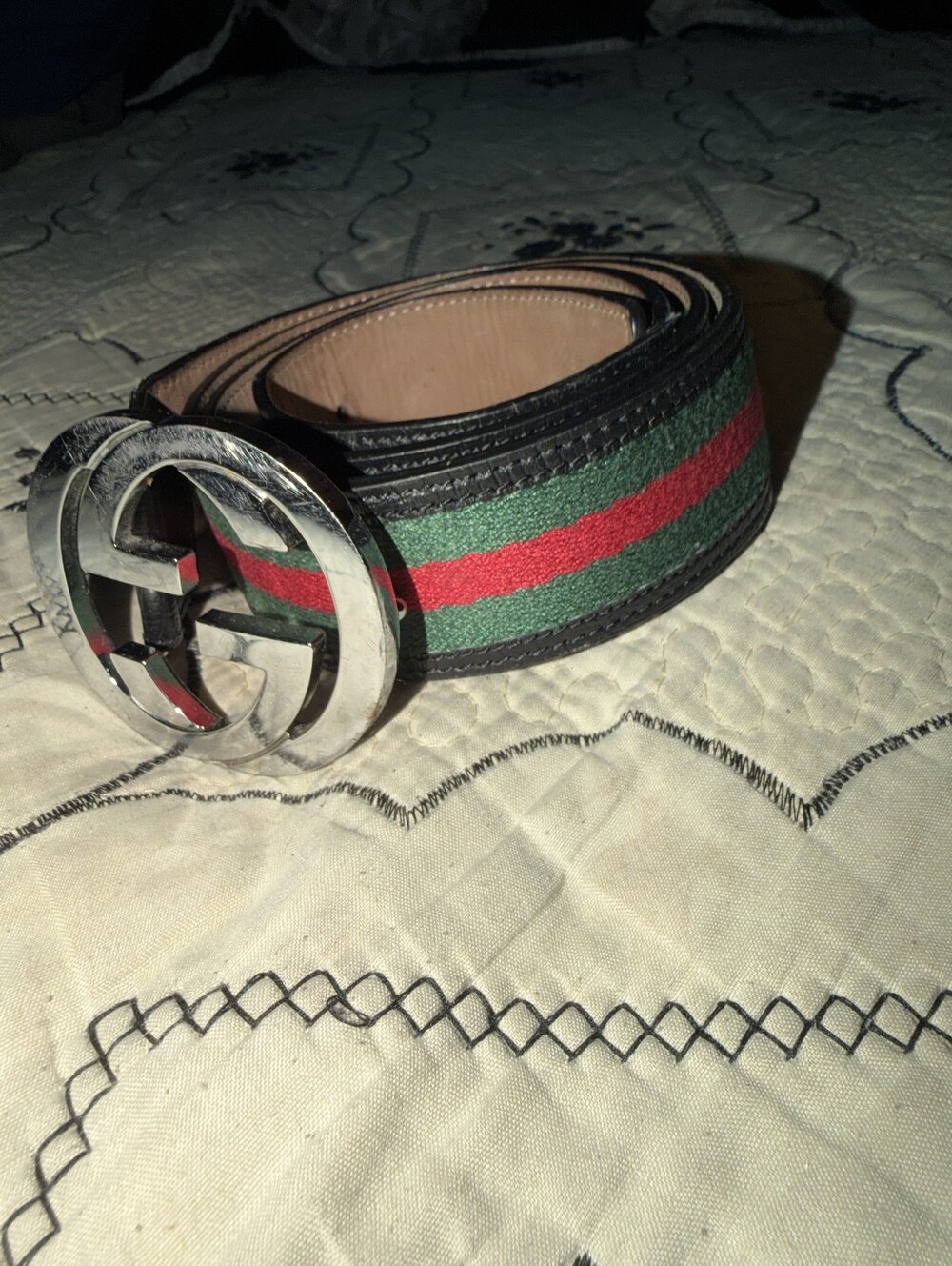 Gucci Green & Red Web Leather Belt with Silver GG Buckle